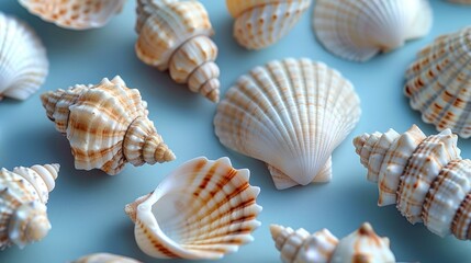 Obraz premium Close-up of various seashells on a light blue background.
