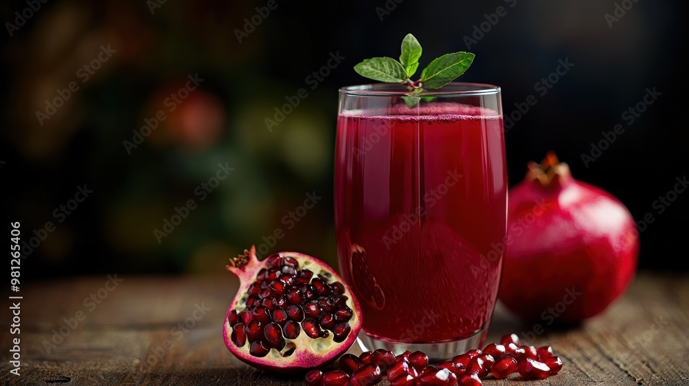 Poster glass of pomegranate juice with a deep red color and a few pomegranate seeds as garnish.