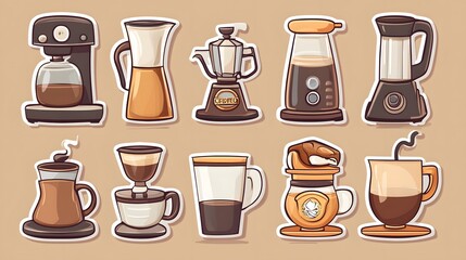 Fototapeta premium Sticker vector image of a coffee maker, with various types and styles of coffee brewing equipment on a brown background. Vector illustration, in a cartoon style for stickers or label design