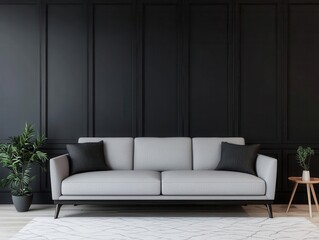 Contemporary living room with an accent wall of black wood panels, minimalist furniture, and moody lighting, modern interior, open dark theme