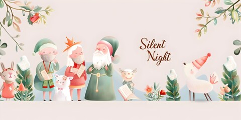 Peaceful Watercolor Scene of Church Choir Singing Silent Night Holiday Carol