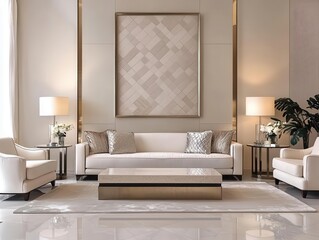 Glamorous living room with mirrored accent wall and elegant furniture, luxury design, open space with reflective elements