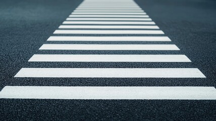 image features close up view of pedestrian crosswalk with white stripes on dark asphalt surface, conveying sense of urban life and safety