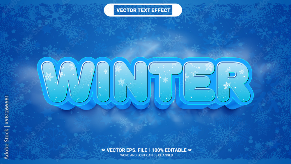 Aufkleber winter 3d editable vector text style effect with snowflake background