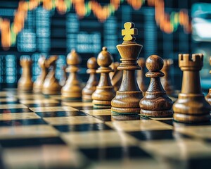 A chessboard with global currencies and inflation indicators as chess pieces, global strategy, economic inflation