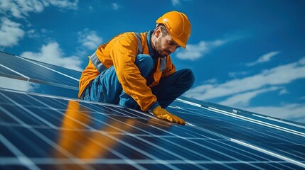 A technician installs solar panels on a rooftop, showcasing sustainable energy solutions under a clear blue sky.