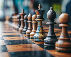 Fototapeta premium A chessboard with global currencies and inflation indicators as chess pieces, global strategy, economic inflation