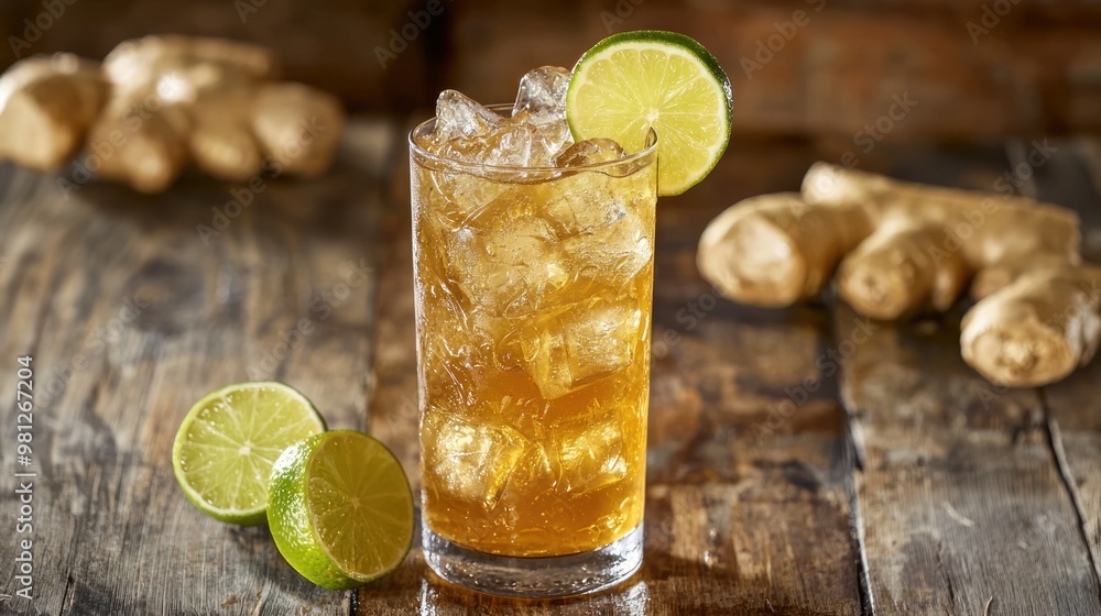 Poster rum and ginger beer in a highball glass with a few ice cubes and a slice of lime for a zesty twist.