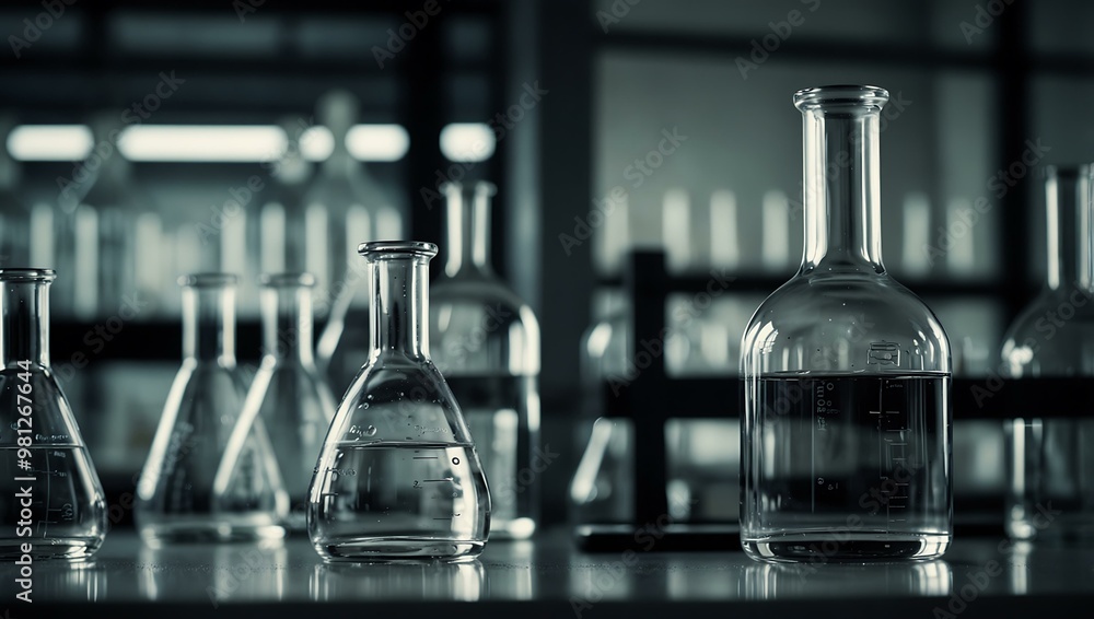 Poster close-up of empty glass flasks in a modern lab.