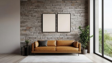 Contemporary loft with a stone accent wall, leather furniture, and modern art, loft design, open living space with character