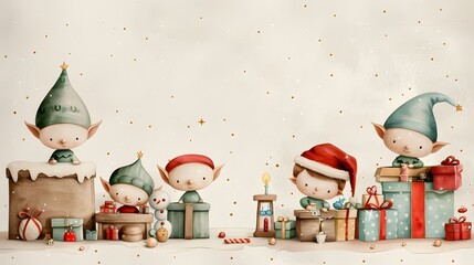 Watercolor Elves Working in Santa s Christmas Workshop Making Toys