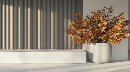 A serene and elegant interior showcases a minimalist background of gray walls, complemented by a long white concrete table, soft curtains, and a delicate flower vase