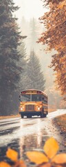 Obraz premium A yellow school bus drives through a serene, foggy forest road surrounded by colorful autumn leaves.