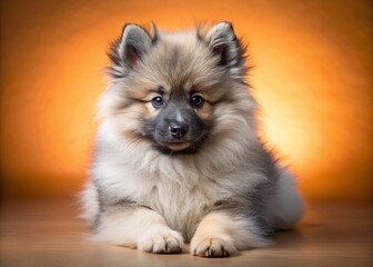 Obraz premium Adorable keeshond puppy with fluffy grey and white fur and piercing brown eyes poses in front of a soft pastel orange background, surrounded by gentle shadows.