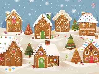Whimsical Gingerbread Cottages with Candy in a Snowy Winter Landscape