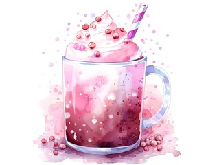 Whimsical Watercolor Cocoa Drink with Fairy Inspired Bubbles and Frothy Cream