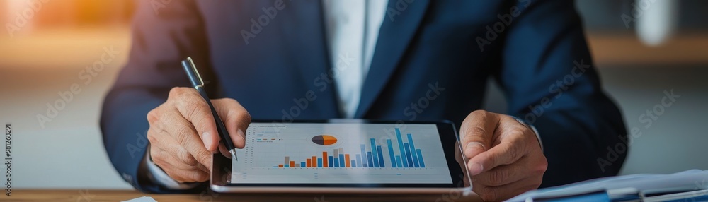Aufkleber business professional analyzing data on tablet, showcasing graphs and charts for effective decision-
