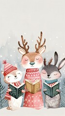 Woodland Animals Singing Christmas Carols in Watercolor Style