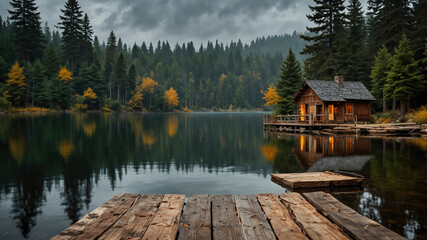 cozy wooden cottage with lights on and a pier surrounded by a picturesque frozen lake and pine forest in autumn at sunset