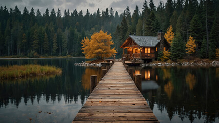 Fototapeta premium cozy wooden cottage with lights on and a pier surrounded by a picturesque frozen lake and pine forest in autumn at sunset