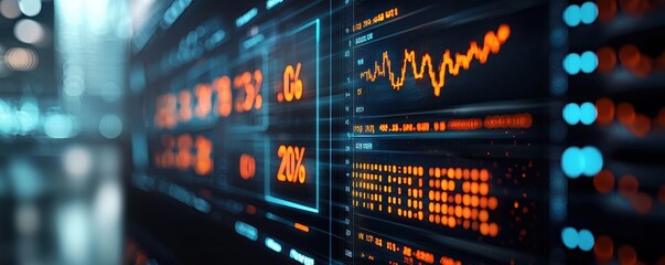 Close-up of digital display with graphs and data, showcasing modern technology and analytics in a business environment.