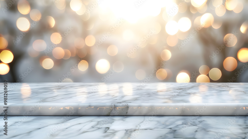 Poster empty white stone marble table top with a blurred abstract bokeh light banner background, suitable f