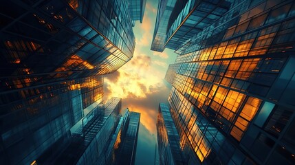 A stunning perspective of skyscrapers reflecting the golden hues of sunset, capturing the essence of urban beauty and architecture.