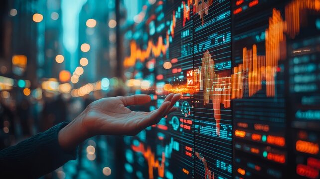A hand juggling inflation charts, global stock markets, and interest rate symbols, economic volatility, global finance