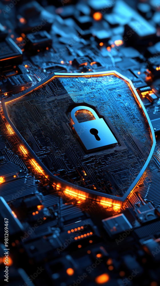 Poster a digital shield with lock symbolizes data security and protection