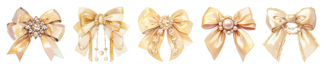 Watercolor coquette gold ribbon bow png cut out element set