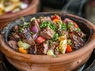 A Testi Kebab. The most popular Turkish dishes. Slow-cooked meat and vegetables cooked in a sealed...