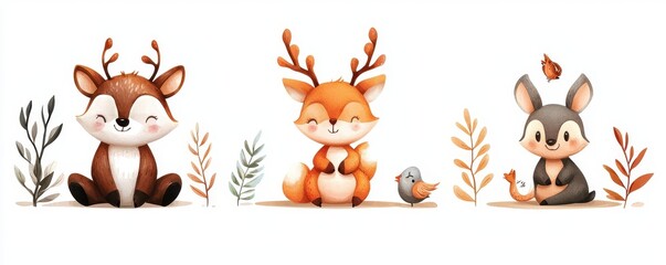 Fototapeta premium Cute illustrated forest animals with antlers sitting amidst leaves and plants, perfect for children's decor and nature themes.