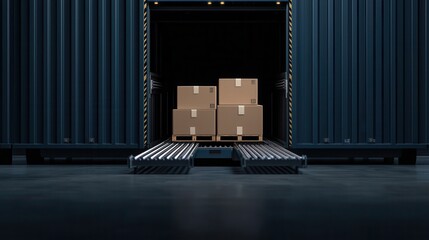 Delivery boxes are waiting to be unloaded from a cargo container in a warehouse setting. Ideal for logistics and shipping themes.