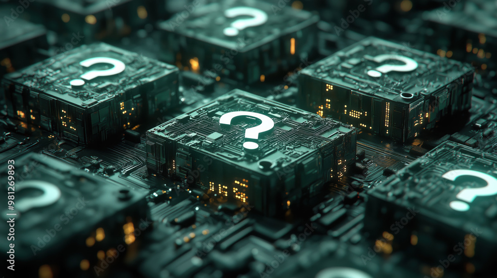 Poster digital question mark boxes appear among circuit patterns, evoking curiosity