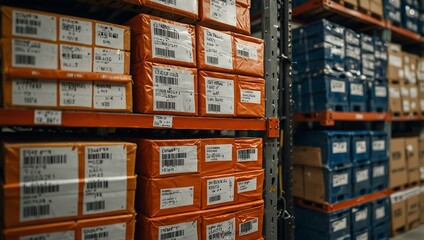 Close-up of organized warehouse inventory labels on products.