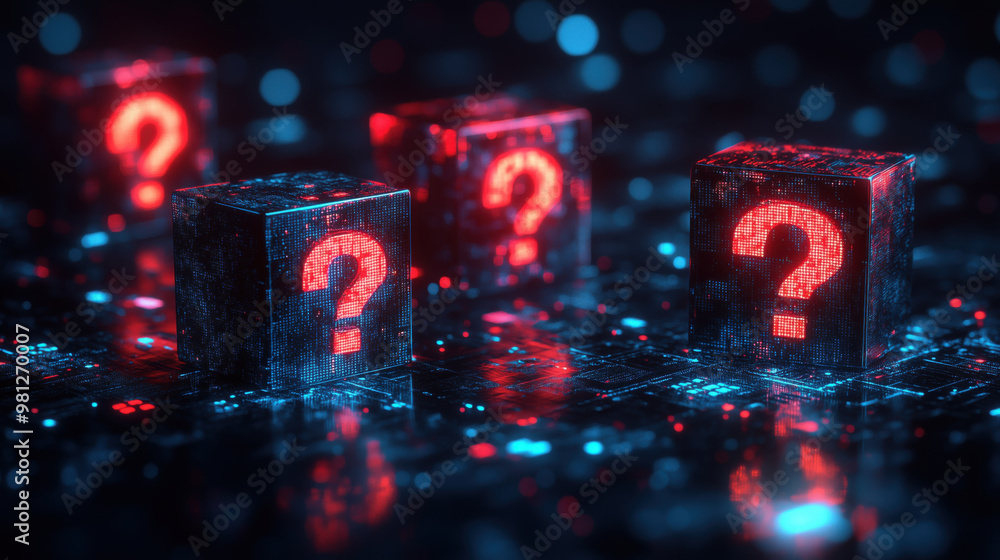 Poster digital question mark boxes create mysterious atmosphere in tech landscape