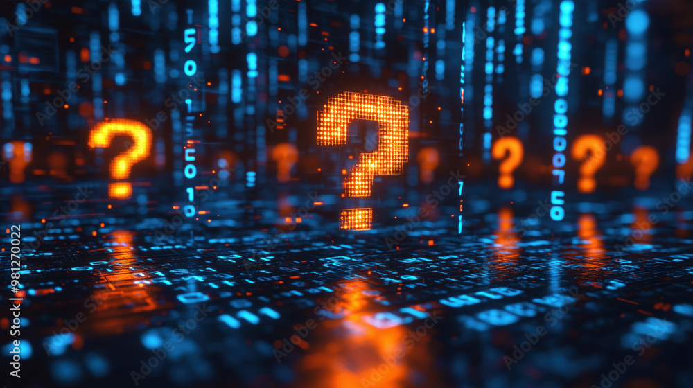 Poster digital question marks appear among glowing data streams, evoking curiosity