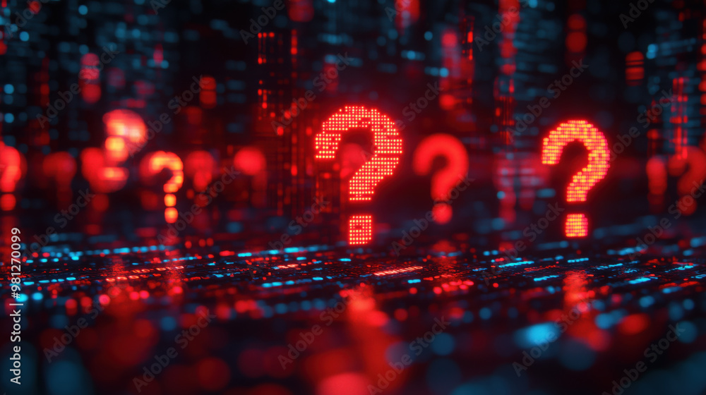 Poster digital question marks float among vibrant data streams, evoking curiosity