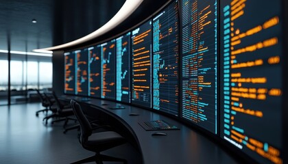 Futuristic control room featuring large screens displaying data analytics and code in a modern workspace environment.