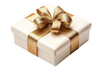  A beautifully wrapped white gift box adorned with a luxurious gold satin ribbon and bow. Png die cut isolated. 