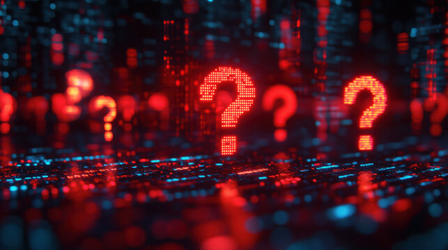 Digital question marks float among vibrant data streams, evoking curiosity