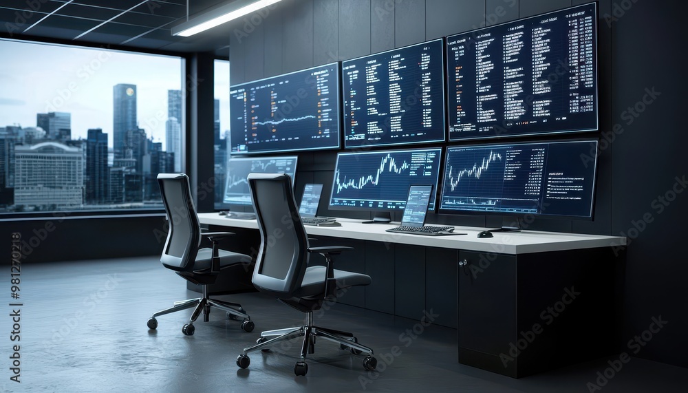 Poster modern office workspace featuring multiple screens displaying financial data and city views, ideal f