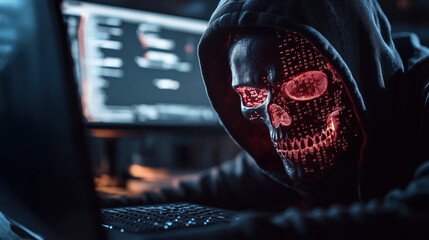 A digital skull glows ominously as hacker works on laptop, evoking sense of danger
