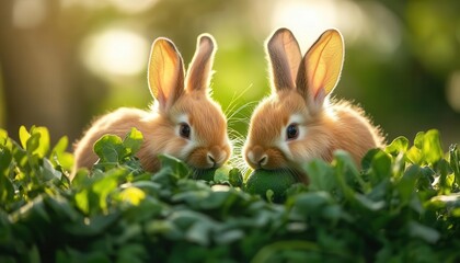Fototapeta premium Pair of fluffy domestic rabbits eating fresh vegetables in a backyard garden, surrounded by greenery and soft morning light