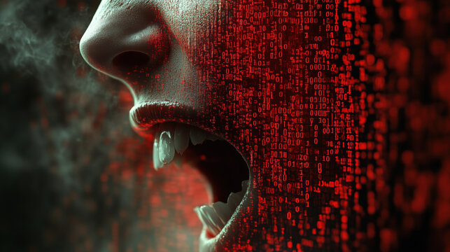 Macro shot of sharp fangs with digital background, expressing intensity