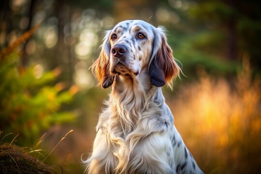 A majestic English Setter dog with a gentle expression and feathered coat sits regally, showcasing its muscular build and elegant features in a natural setting.