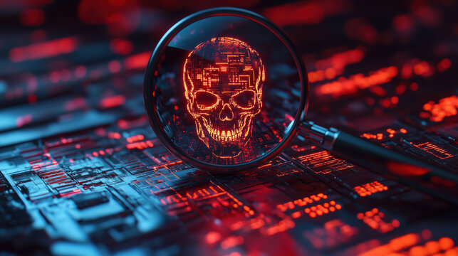 A magnifying glass reveals glowing skull pattern on digital background, evoking intrigue