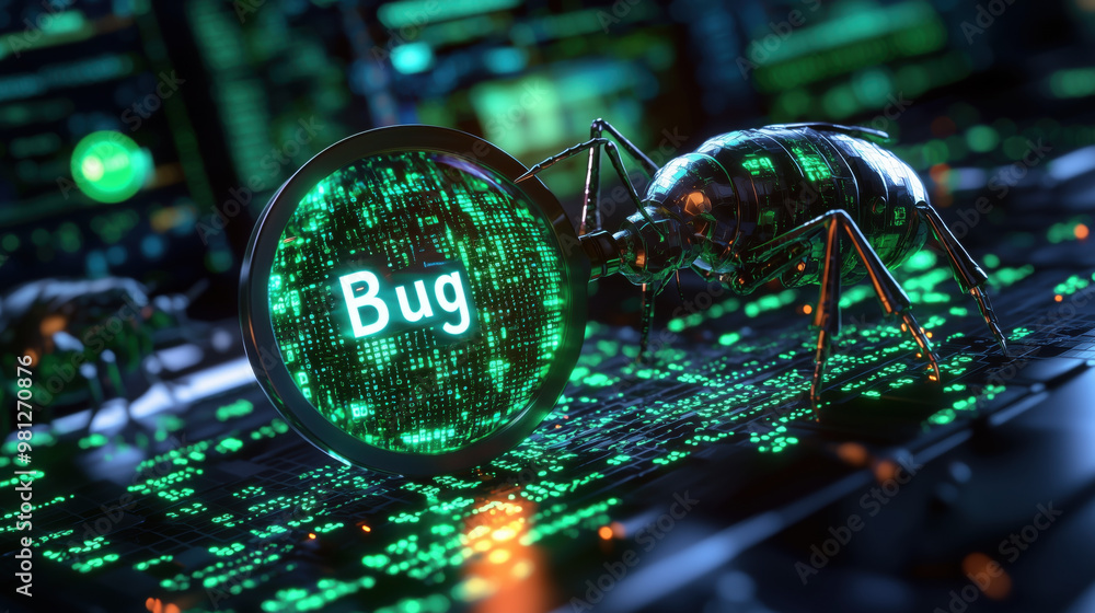 Poster a magnifying glass reveals digital bug on code background, highlighting tech issue