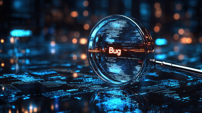 A magnifying glass reveals bug in code, highlighting importance of debugging