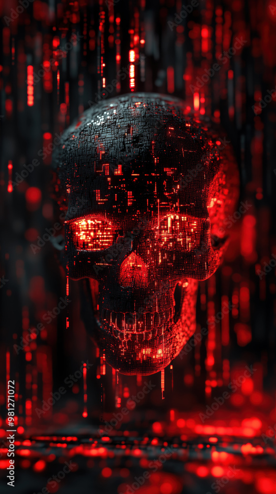 Poster digital skull with red lights and data streams creates chaotic atmosphere